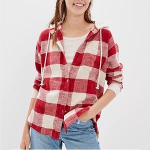 American Eagle Red And White Oversized Hooded Flannel Size S